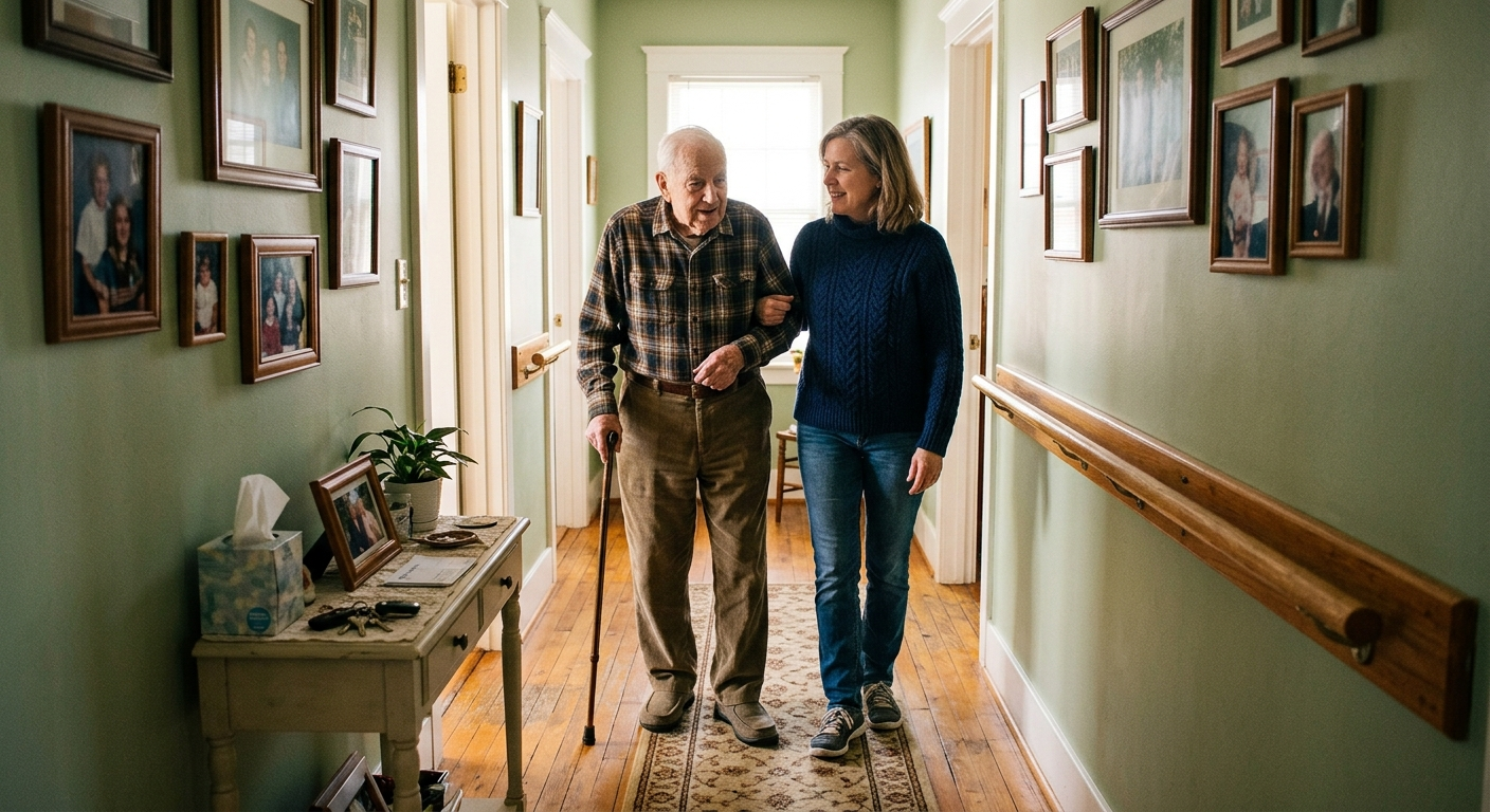 Adult child helping elderly parent walk safely through a home hallway with grab bars installed for aging in place