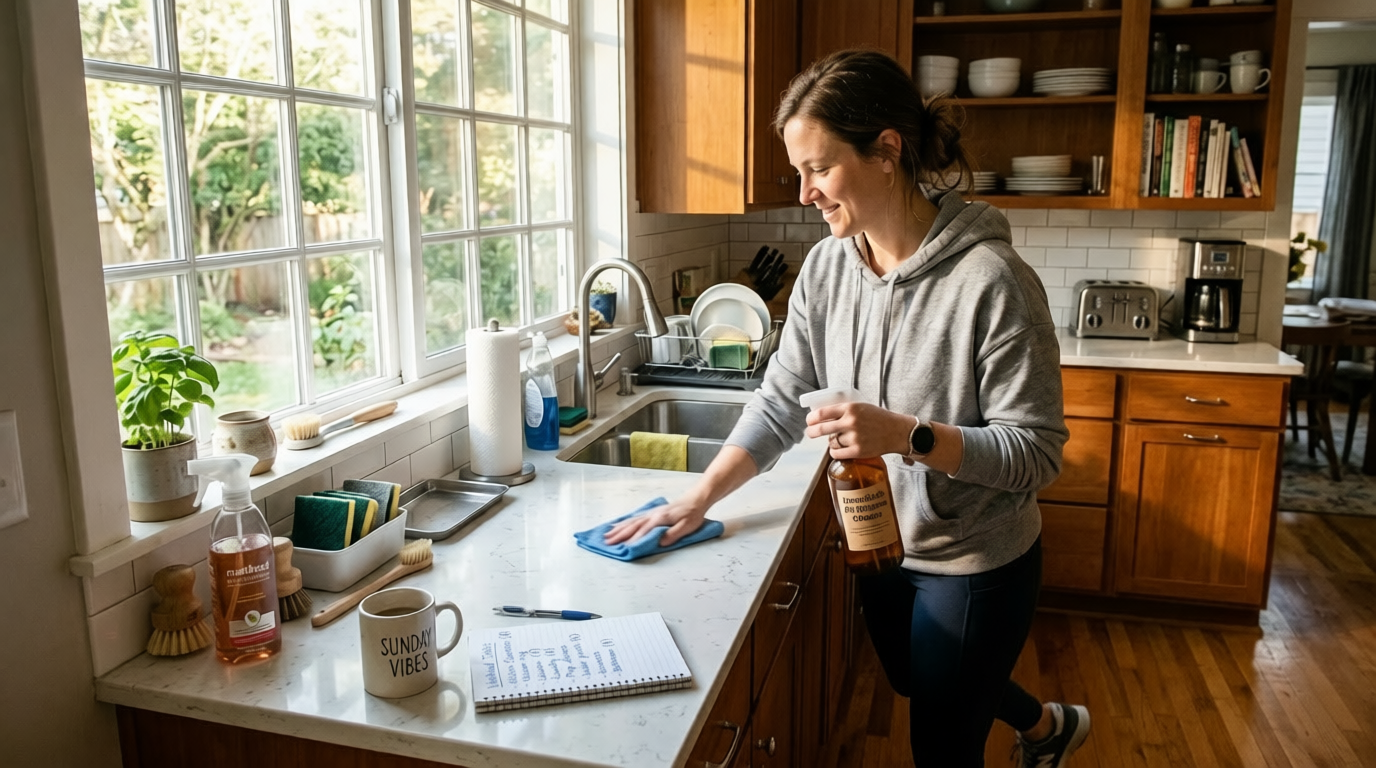 Person deep cleaning kitchen with spray bottle and microfiber cloth following a room by room deep cleaning checklist
