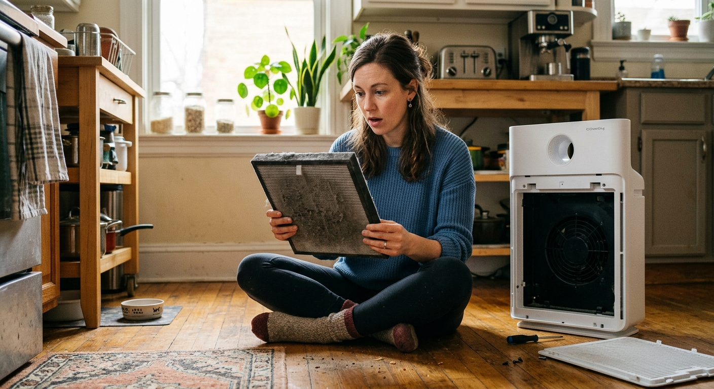 Person holding dusty air purifier filter before cleaning it at home following step by step maintenance guide