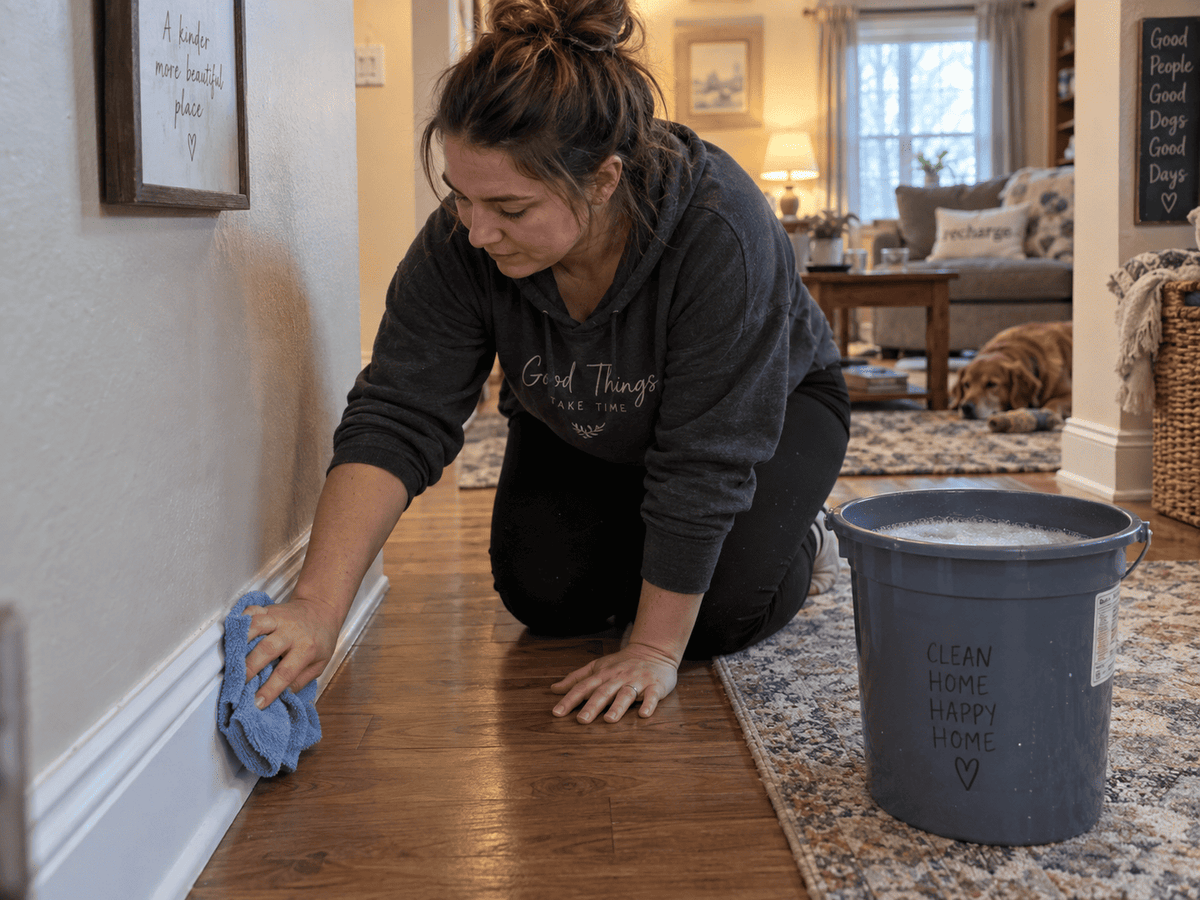 Person wiping white painted baseboard with damp microfiber cloth during home cleaning routine