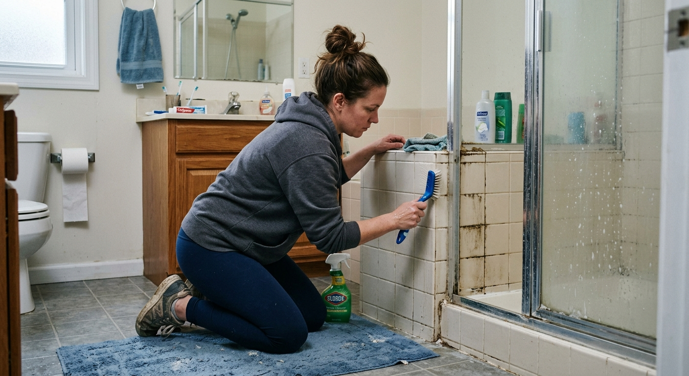 Person scrubbing shower tile grout lines with a stiff brush to remove stains and mold buildup