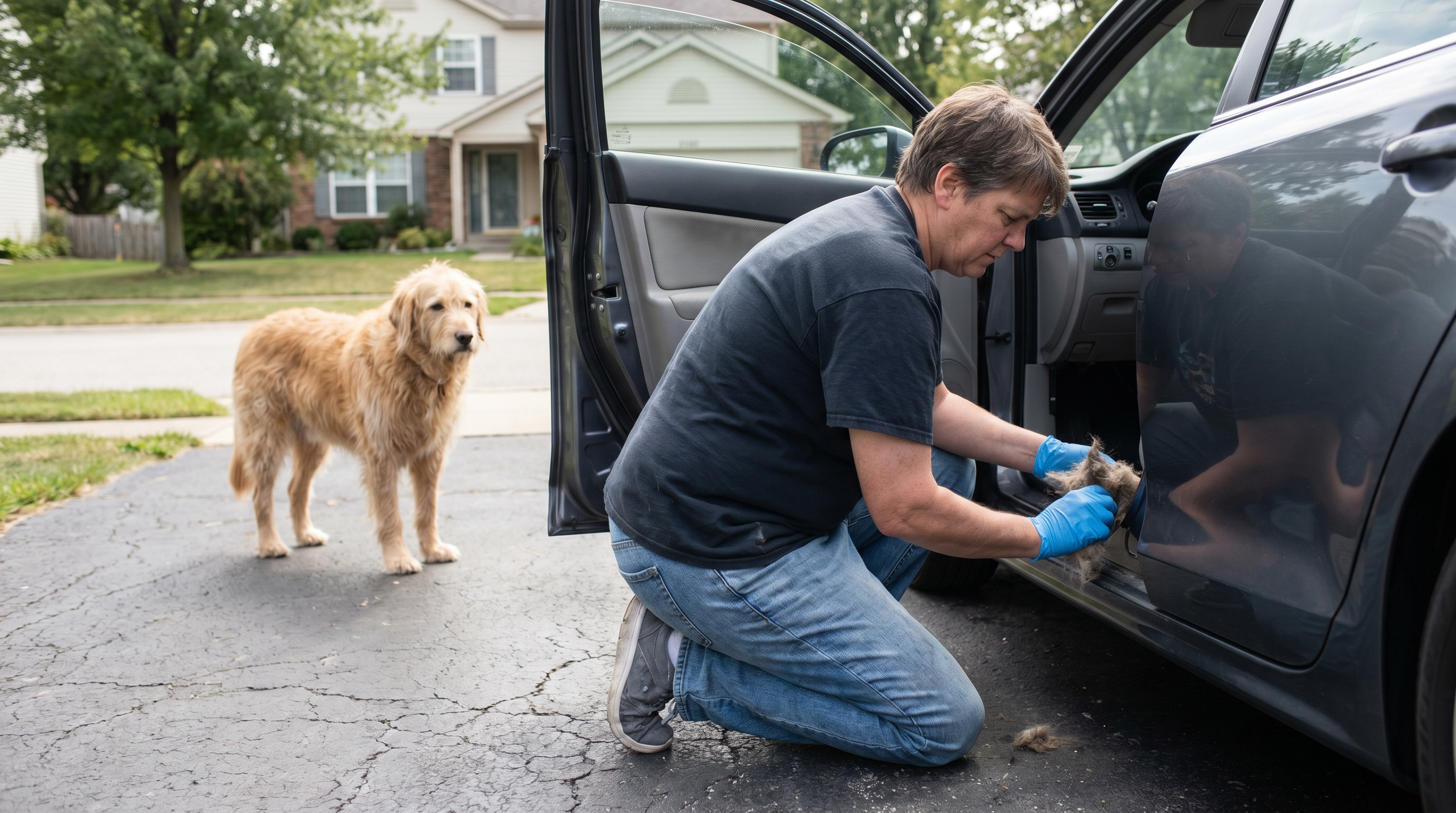 Person removing dog hair from car seat using rubber glove in suburban driveway with dog nearby