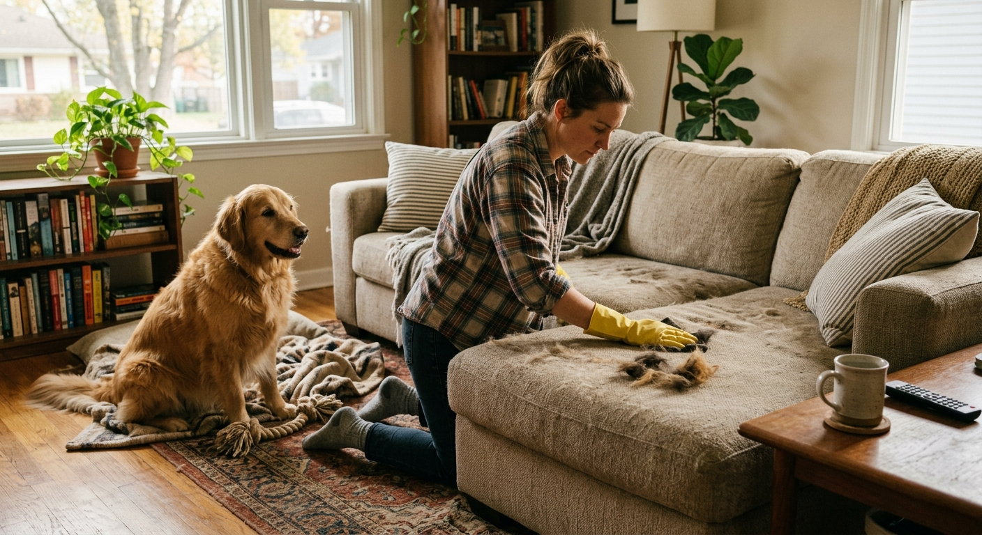 Person removing pet hair from fabric couch with rubber glove while dog sits nearby on living room floor