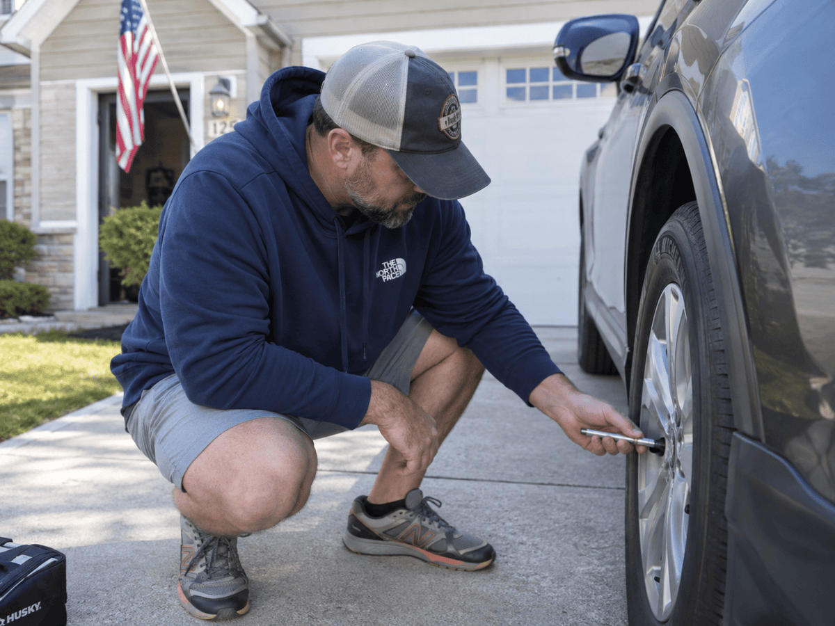 Person using pencil tire pressure gauge on car tire valve stem in driveway for monthly pressure check