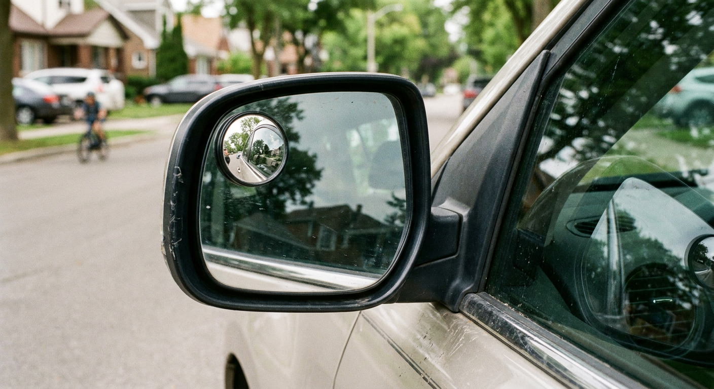 Small convex blind spot mirror attached to outer corner of car side mirror for safer lane changes and driving