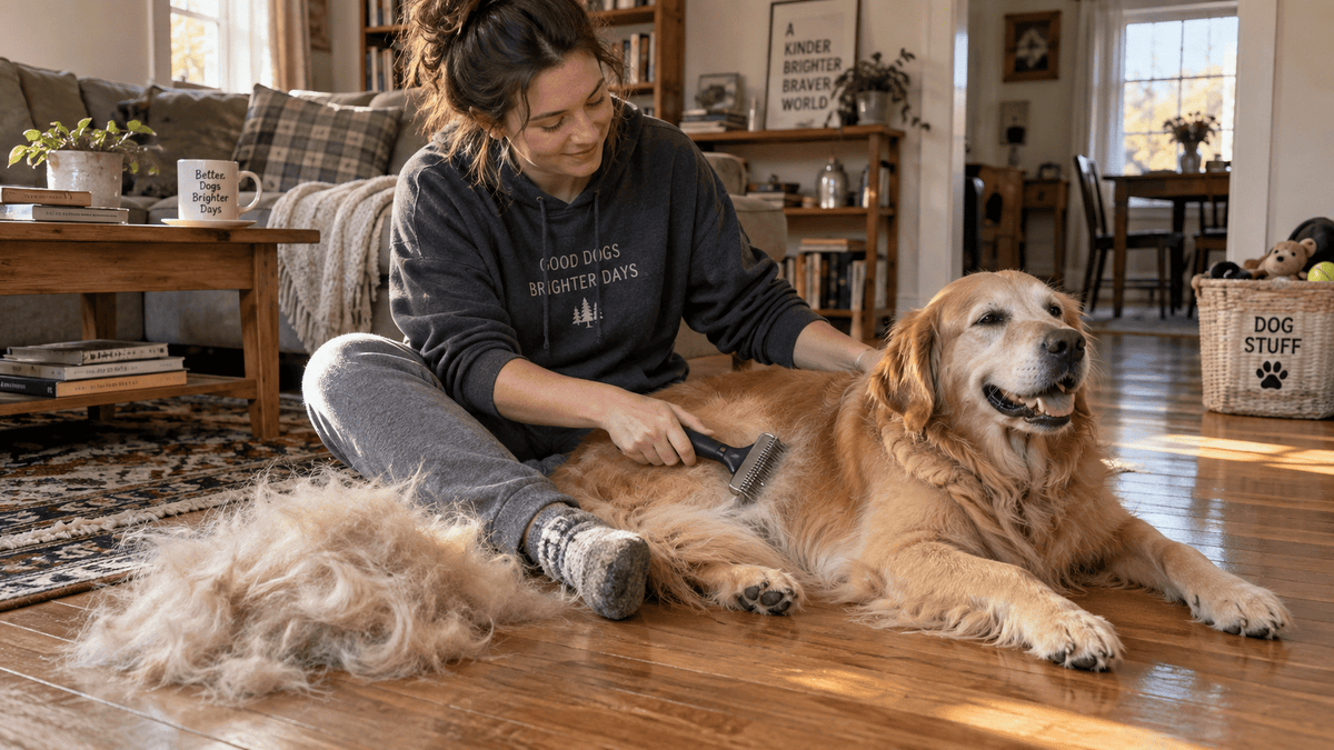 Person brushing golden retriever with undercoat rake to reduce excessive dog shedding at home