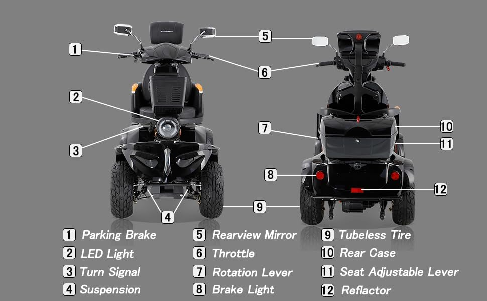 GlowSpark 1000W All-Terrain Mobility Scooter: 500lb Capacity (Black)