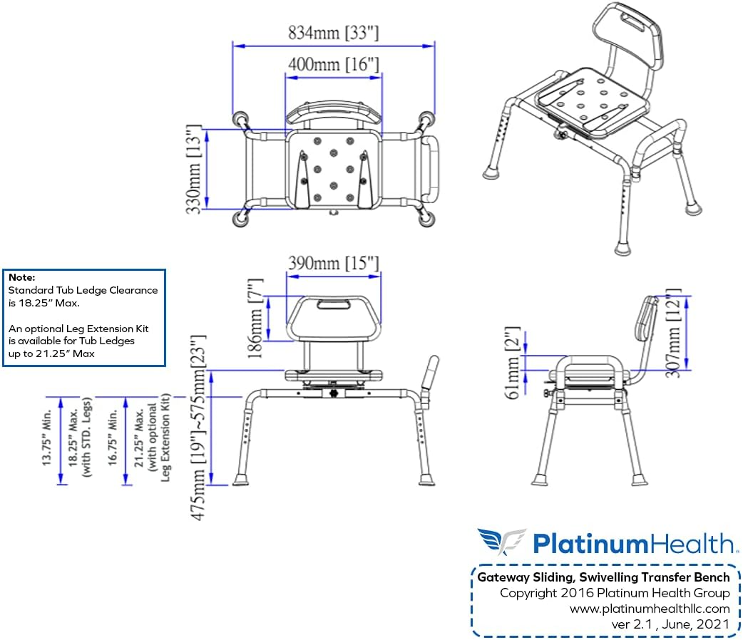 Gateway Premium Sliding Transfer Bench: Swivel Padded Shower Chair (Blue)