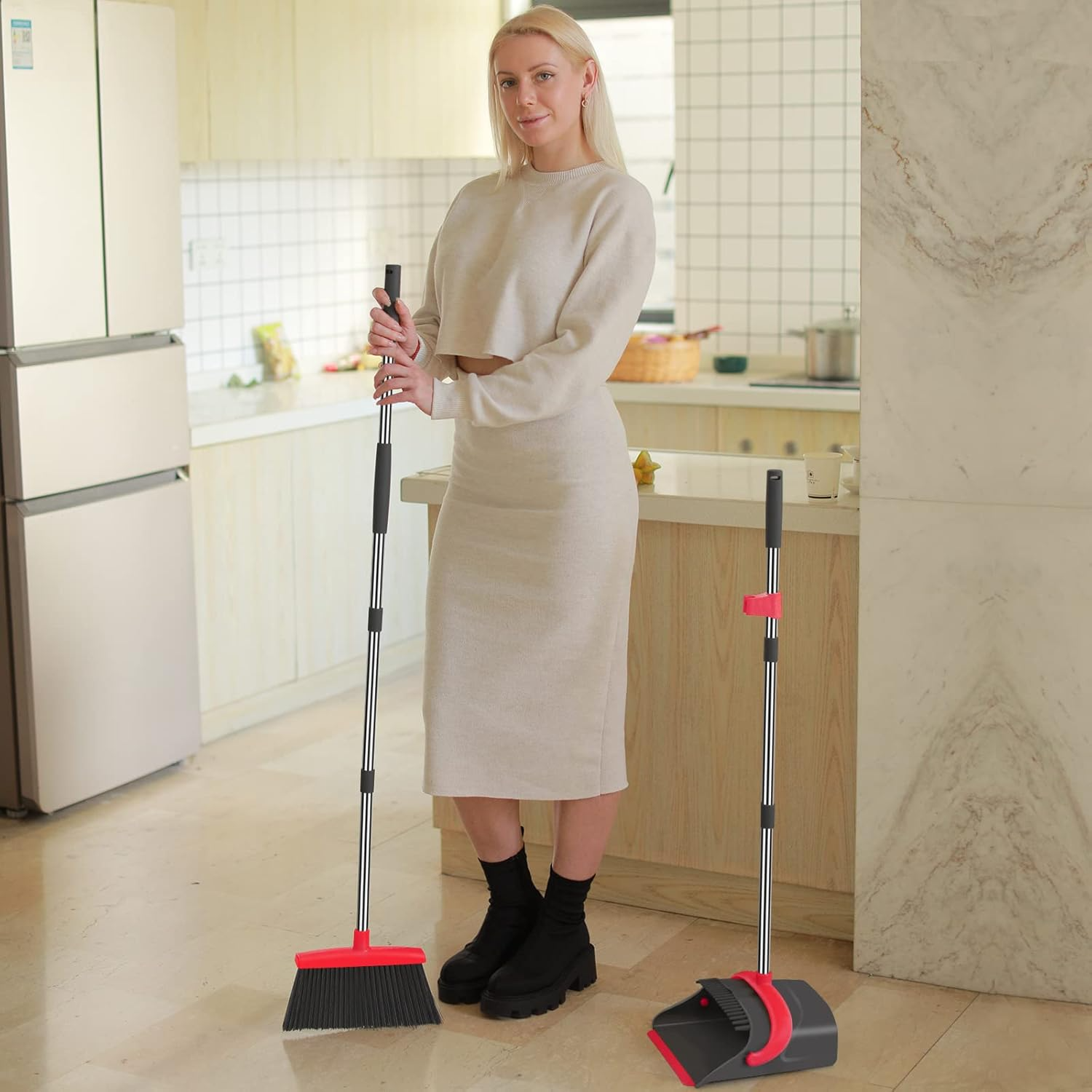Ivandar Broom and Dustpan Set: 50"-Long Handle Upright Combo (Red/Gray)