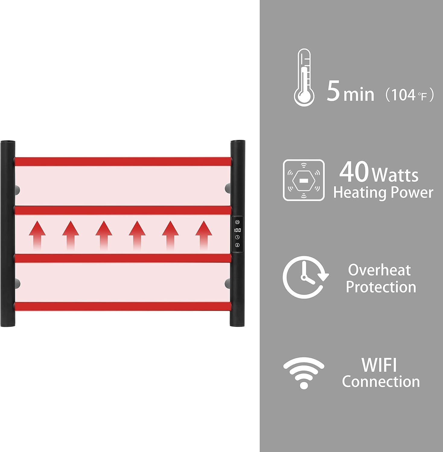 KEG Smart WiFi Electric Towel Warmer: Wall-Mounted Stainless Steel Rack (Matte Black)