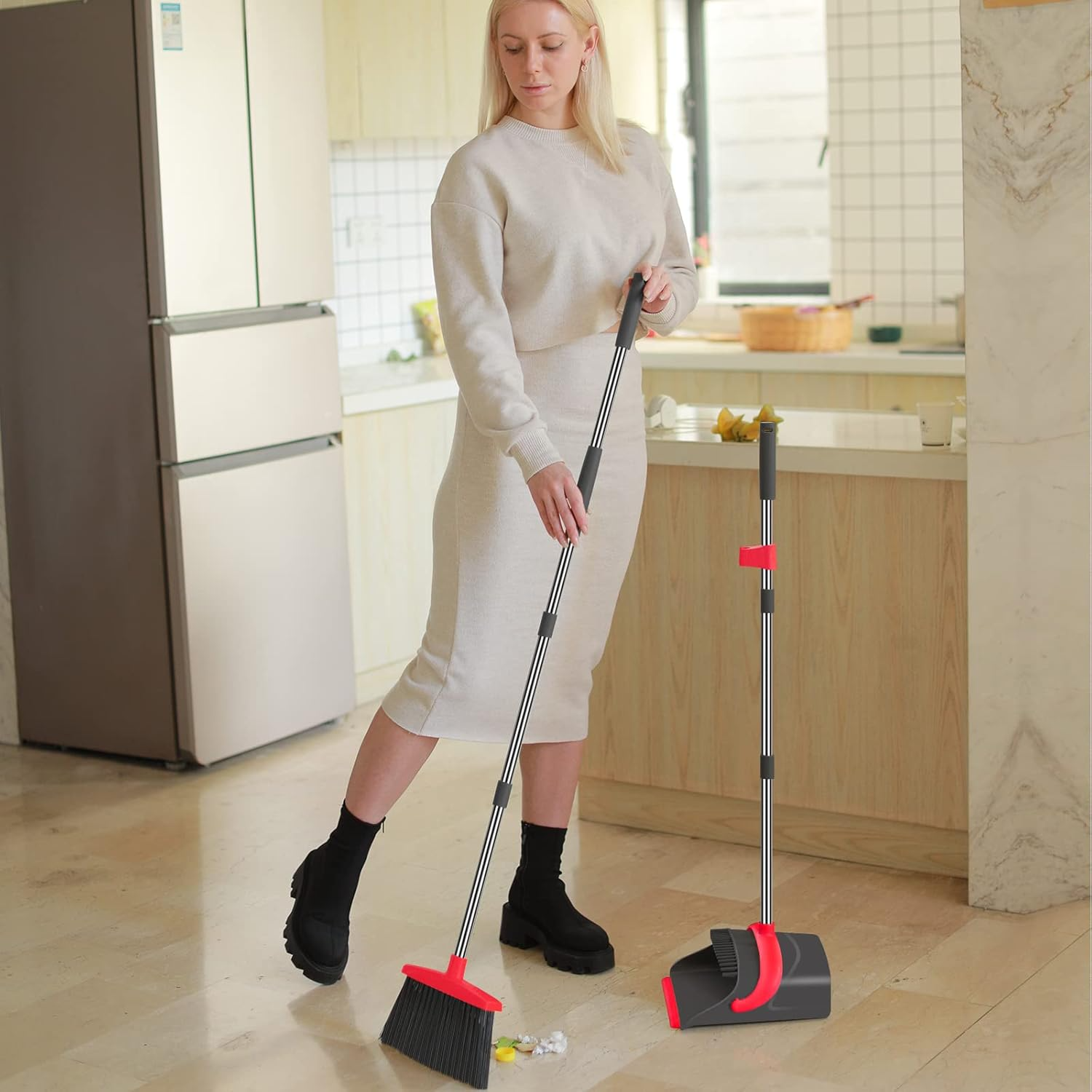 Ivandar Broom and Dustpan Set: 50"-Long Handle Upright Combo (Red/Gray)