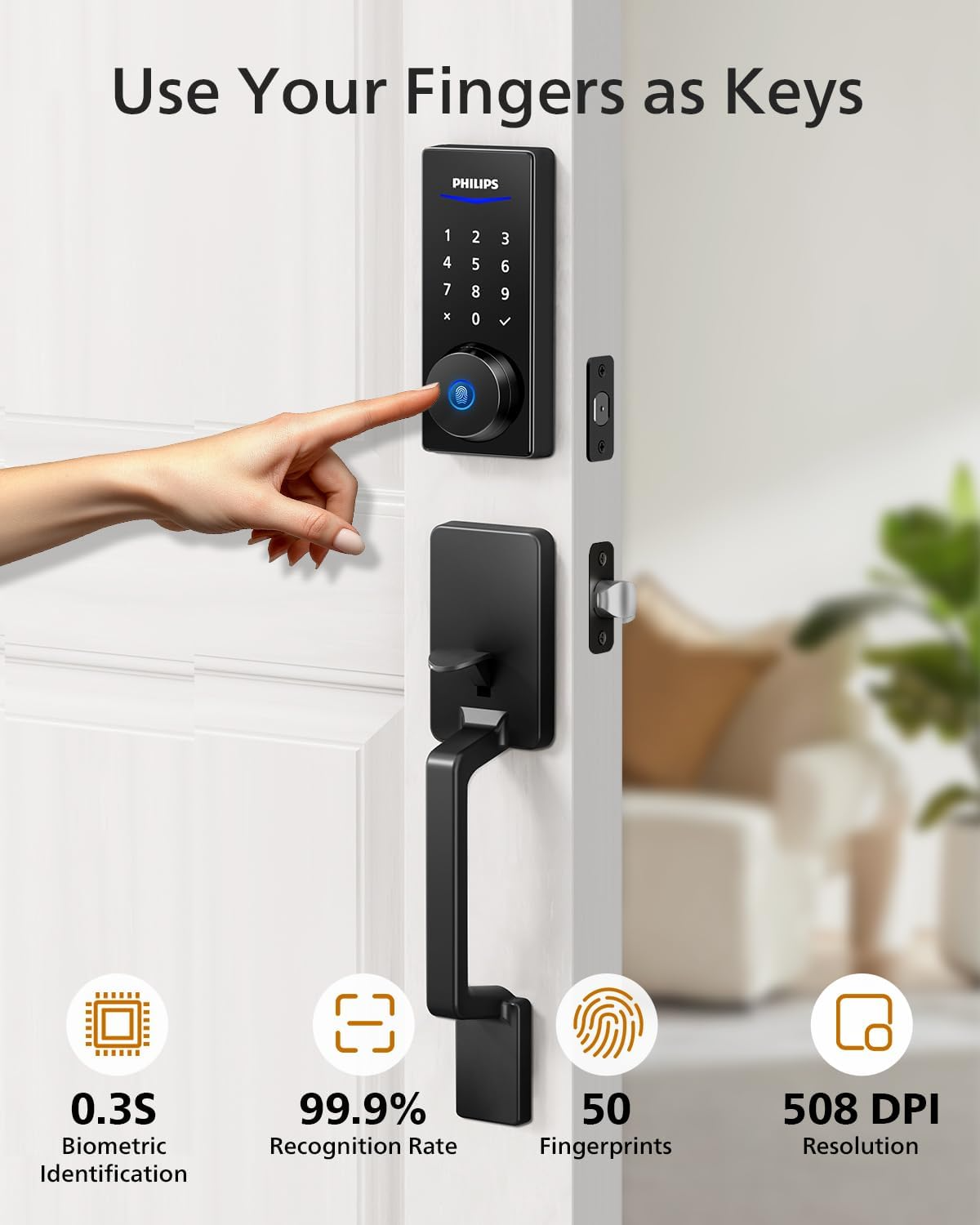 Philips Wi-Fi Smart Lock with Handle: Fingerprint, Keypad & App Entry (Deadbolt Set)