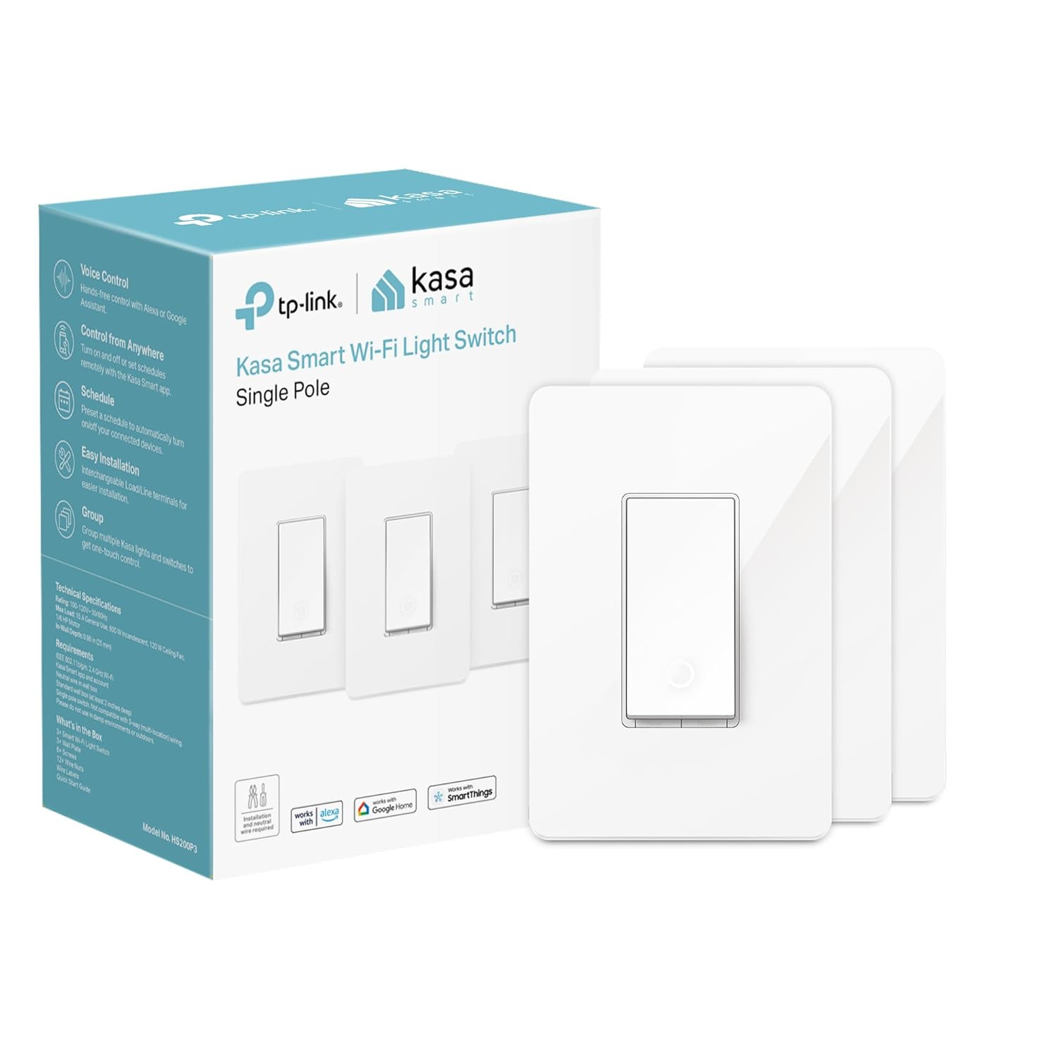 Kasa Smart Light Switch HS200P3: Single Pole Wi-Fi Switch 3-Pack (White)