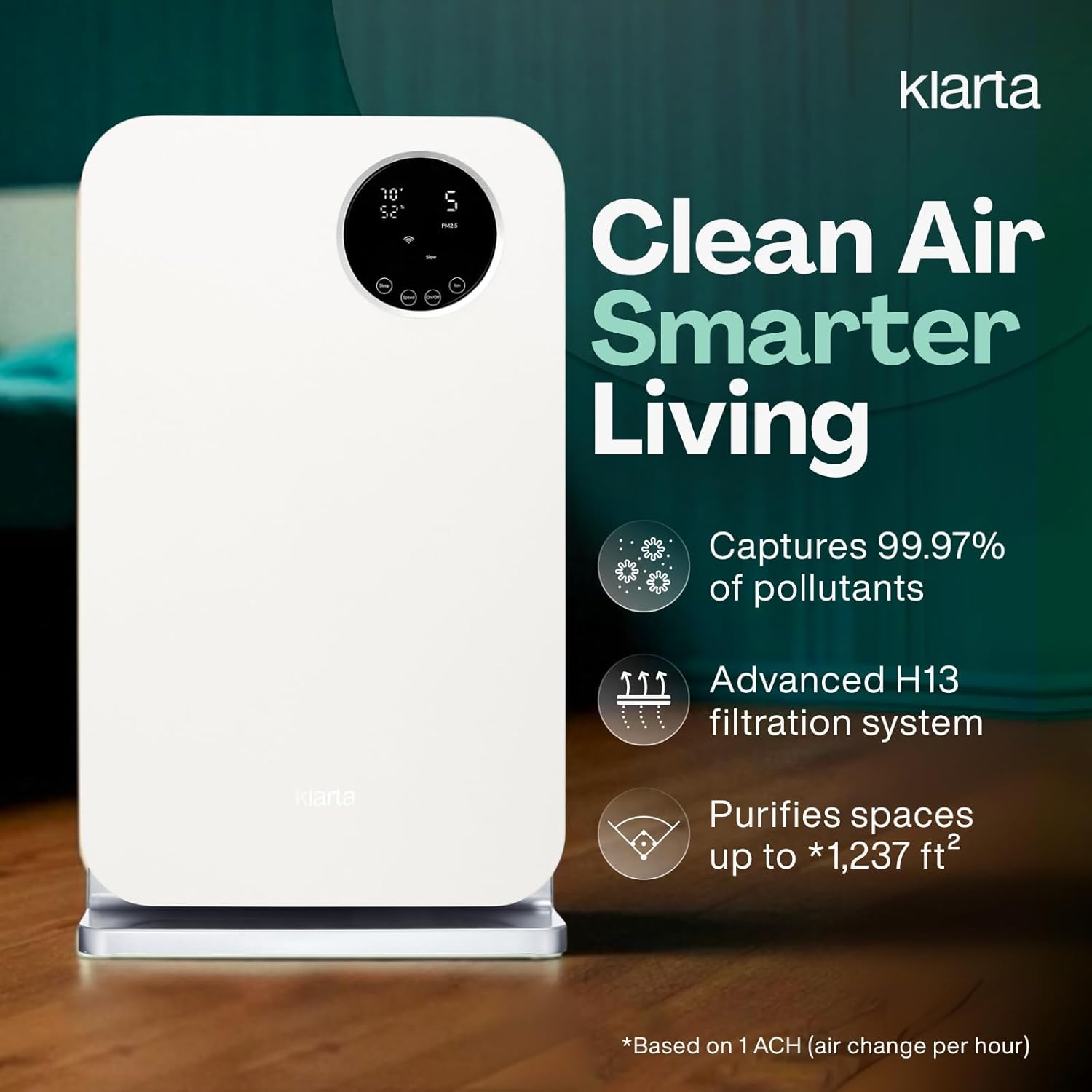 Klarta Forste Air Purifier: Smart WiFi Control & 1237 ft² HEPA Filtration (White)