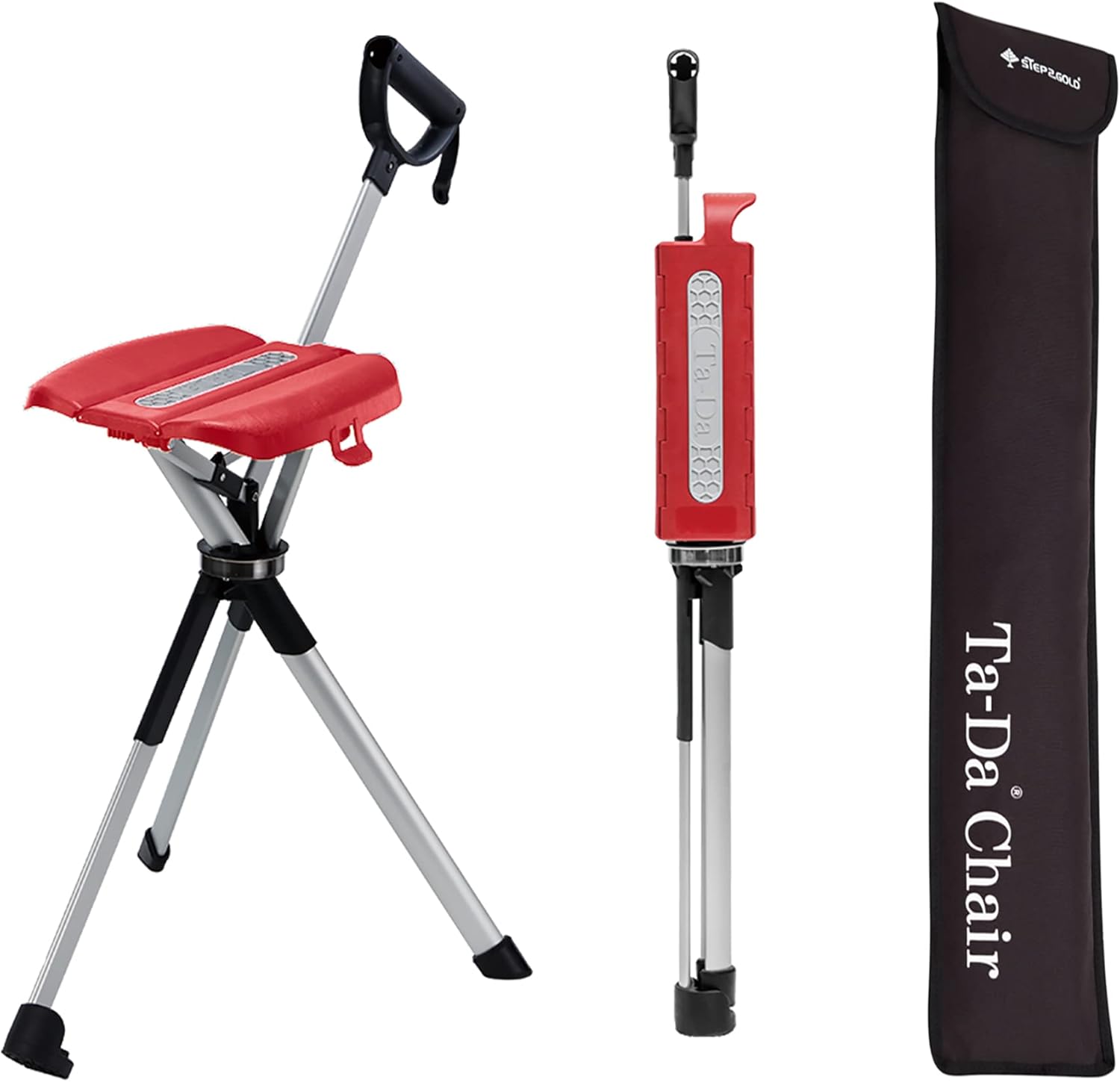 STEP2GOLD Ta-Da Chair Series 2: 2-in-1 Lightweight Hiking Stick & Folding Chair (Red - M Size)