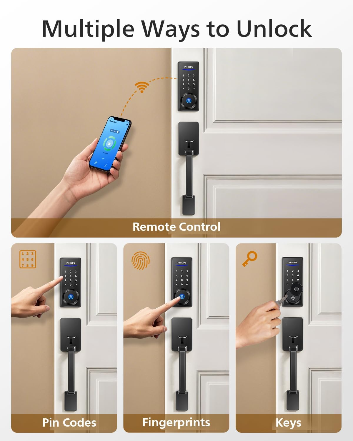 Philips Wi-Fi Smart Lock with Handle: Fingerprint, Keypad & App Entry (Deadbolt Set)