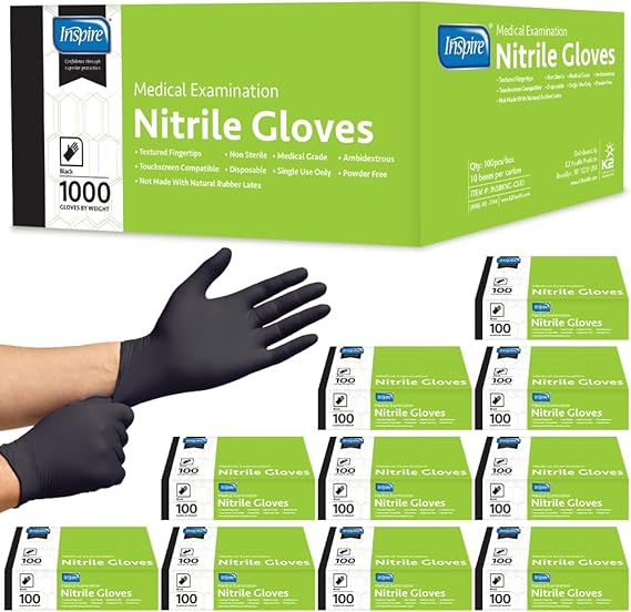 Inspire Black Nitrile Gloves: 1000ct Bulk Food Safe & Medical Grade