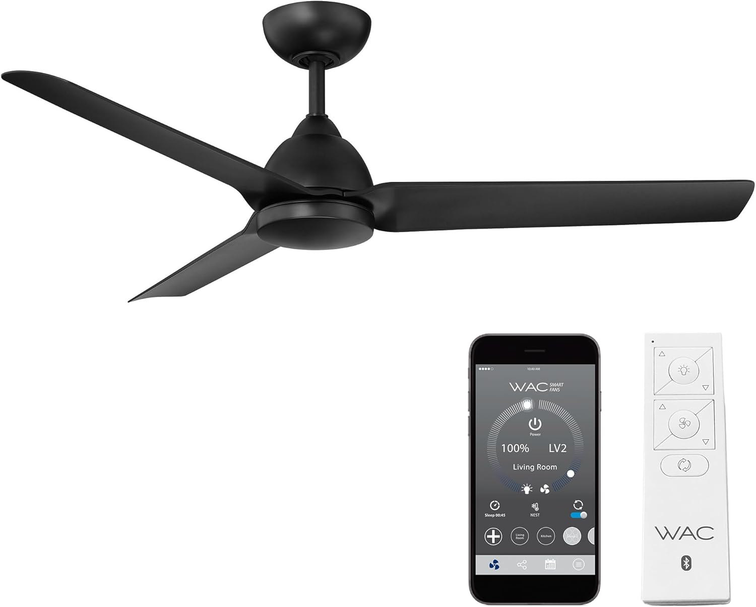 Mocha 54-inch Smart Ceiling Fan: Matte Black Indoor/Outdoor 3-Blade Fan