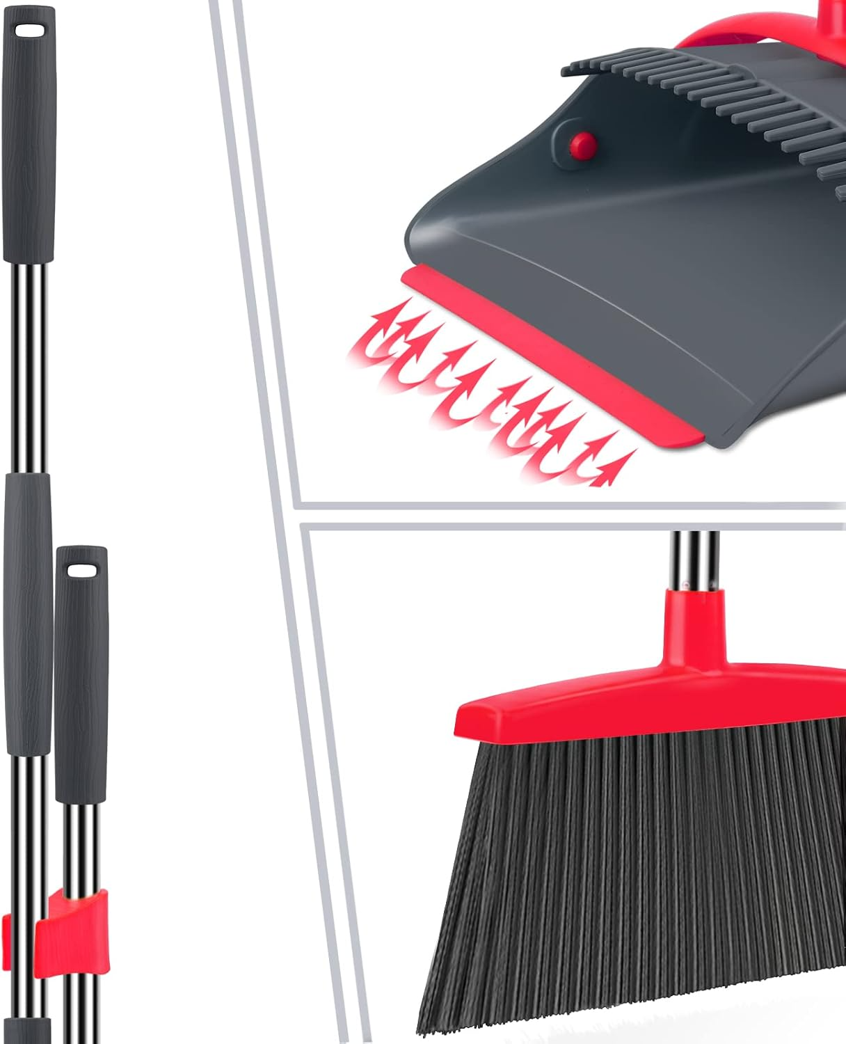Ivandar Broom and Dustpan Set: 50"-Long Handle Upright Combo (Red/Gray)