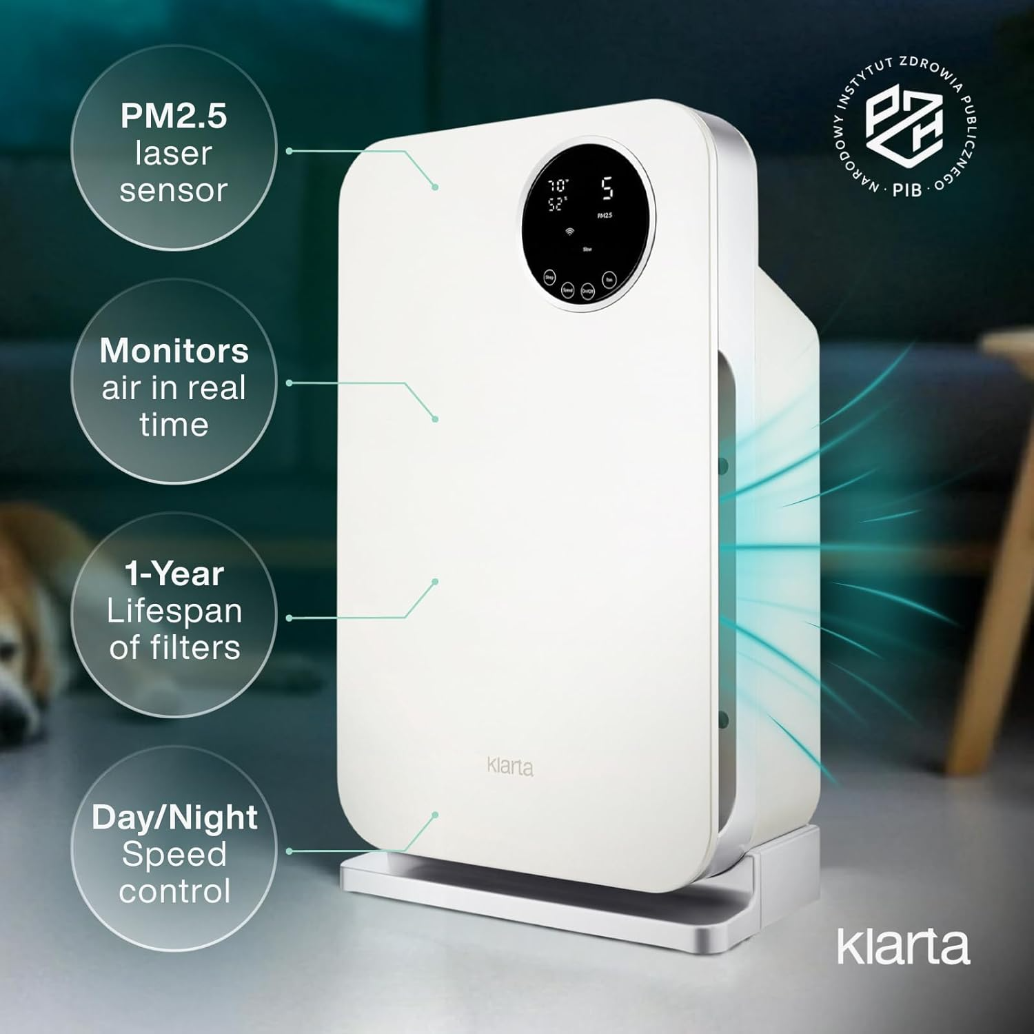 Klarta Forste Air Purifier: Smart WiFi Control & 1237 ft² HEPA Filtration (White)