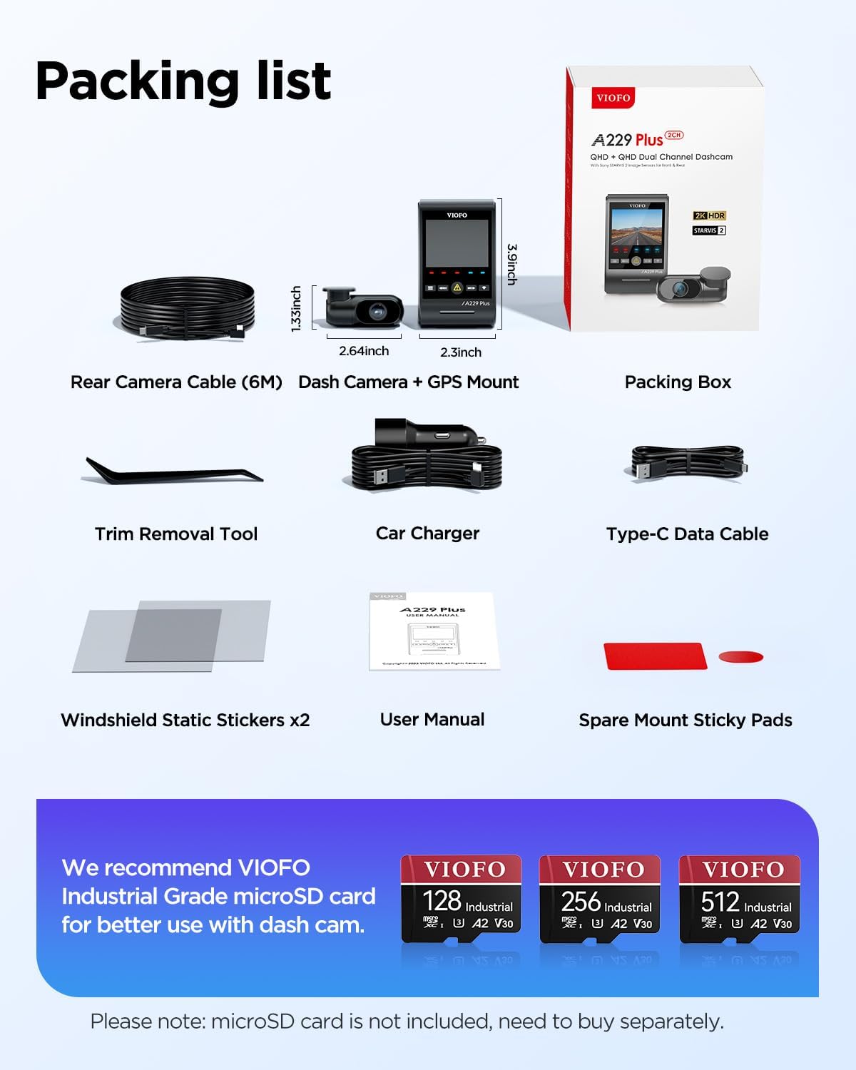 VIOFO A229 Plus Dual Dash Cam: 2K+2K QHD Front & Rear Sony STARVIS 2 Sensors