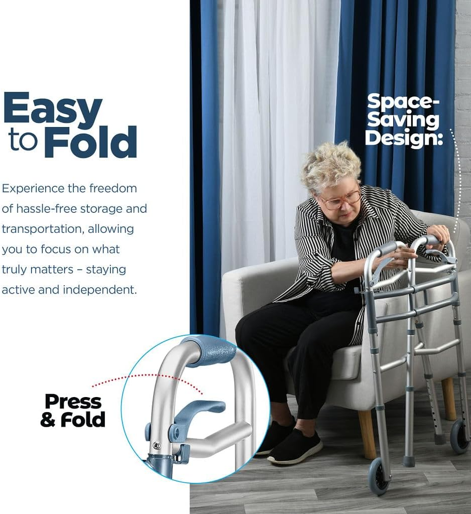 Medical King Folding Walker: Adjustable 2-Wheel Aluminum Mobility Aid