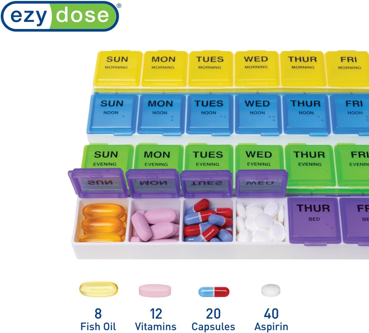EZY DOSE Weekly Pill Organizer: 7-Day / 4-Times-a-Day Medicine & Supplement Planner