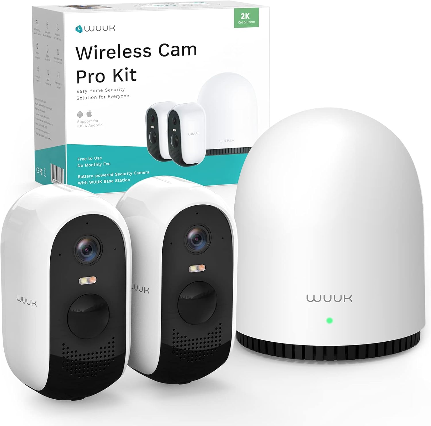 WUUK Wireless Cam Pro 2-Camera Kit: 2K Home Security System with 32GB Local Storage