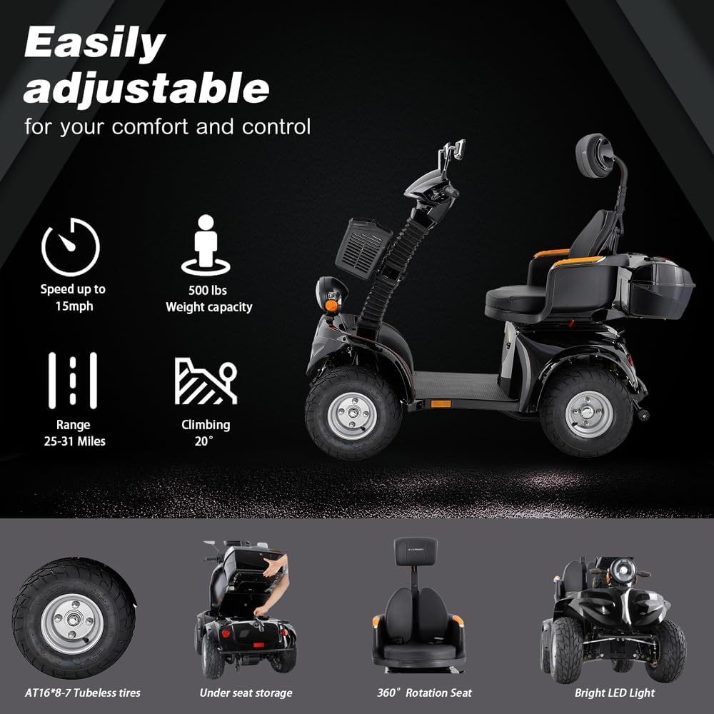GlowSpark 1000W All-Terrain Mobility Scooter: 500lb Capacity (Black)