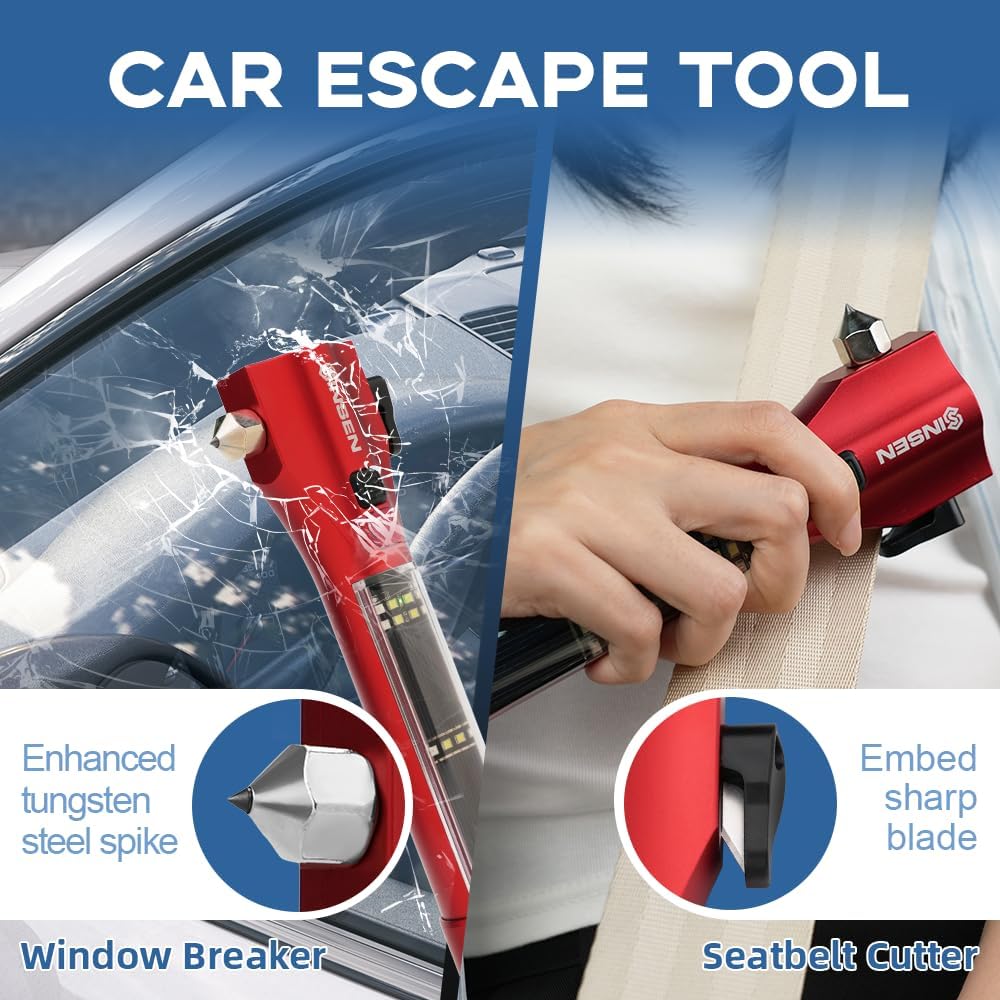 Car escape tool with window breaker and seatbelt cutter functions