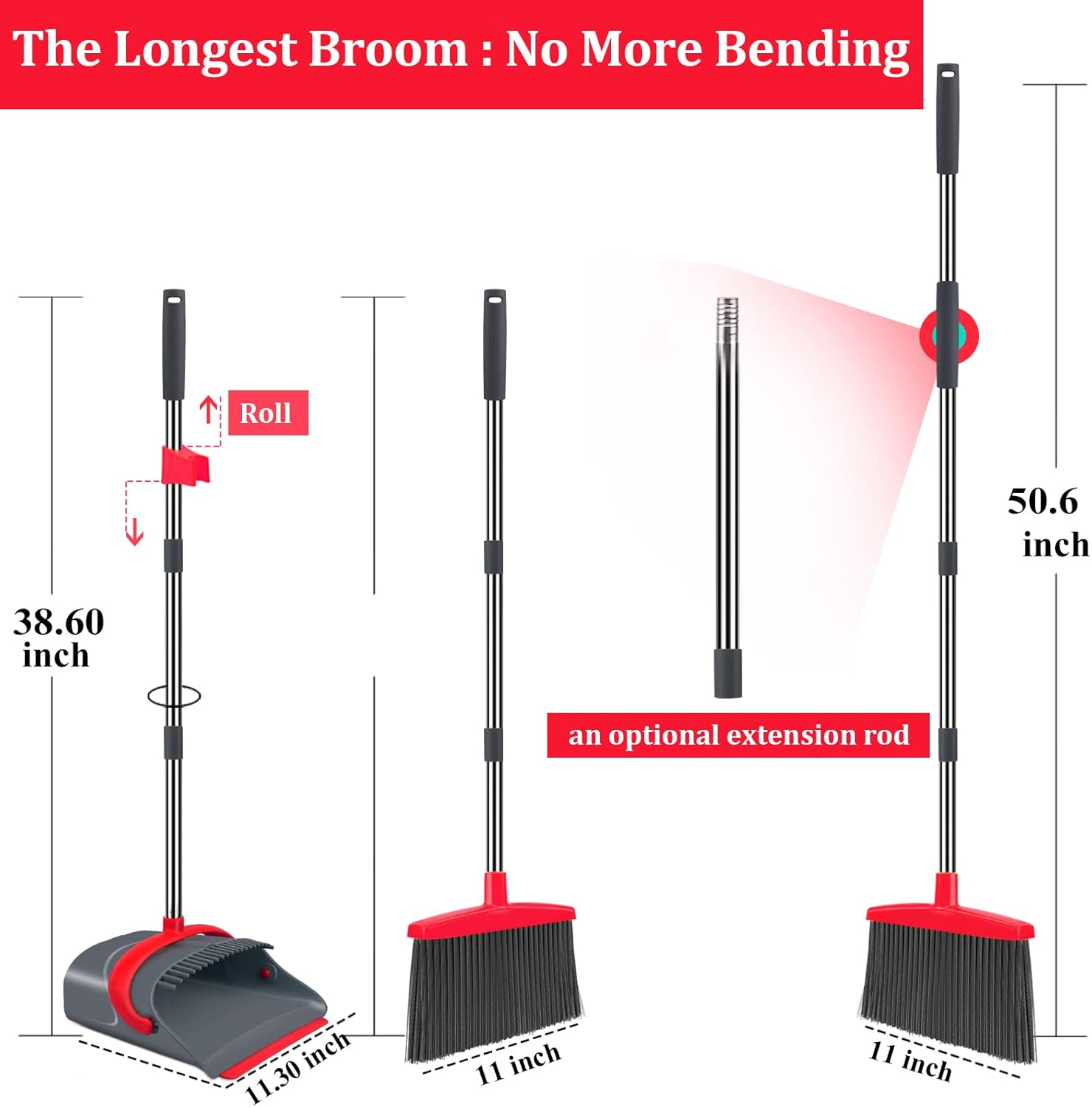 Ivandar Broom and Dustpan Set: 50"-Long Handle Upright Combo (Red/Gray)