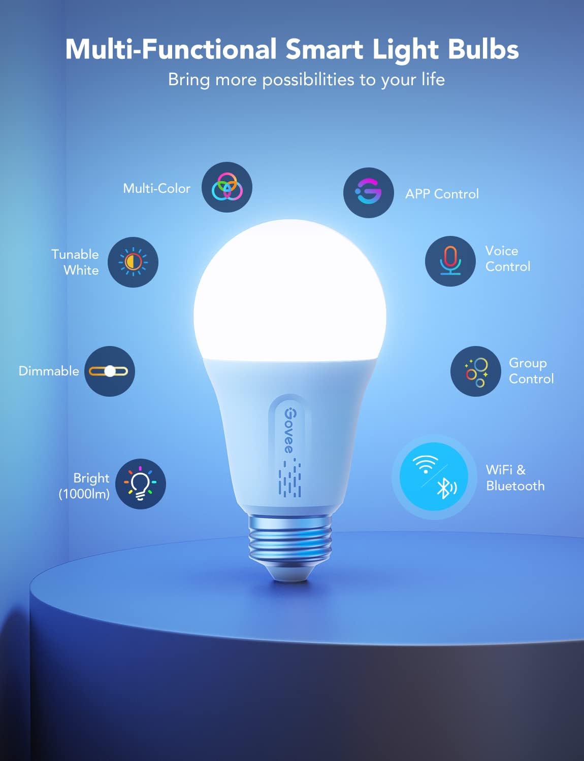 Govee Smart LED Light Bulbs (8-Pack): 1000LM 75W Equivalent WiFi & Bluetooth A19 RGBWW Bulbs
