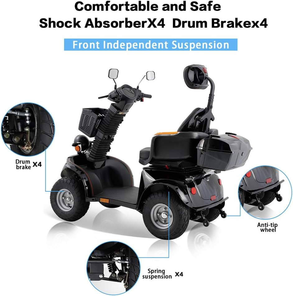 GlowSpark 1000W All-Terrain Mobility Scooter: 500lb Capacity (Black)