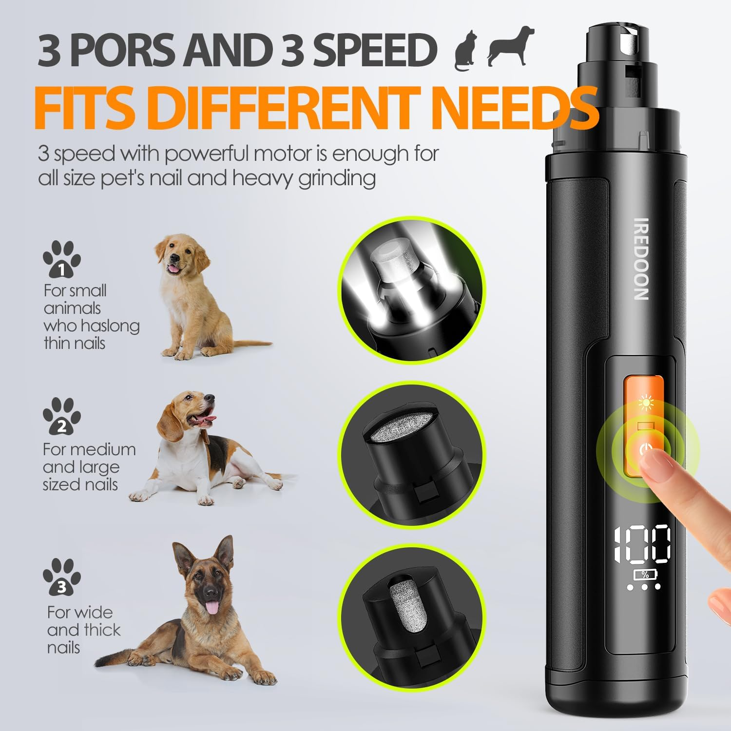 IREDOON Professional Dog Nail Grinder: 3-Speed Quiet Pet Grooming Tool (Black)