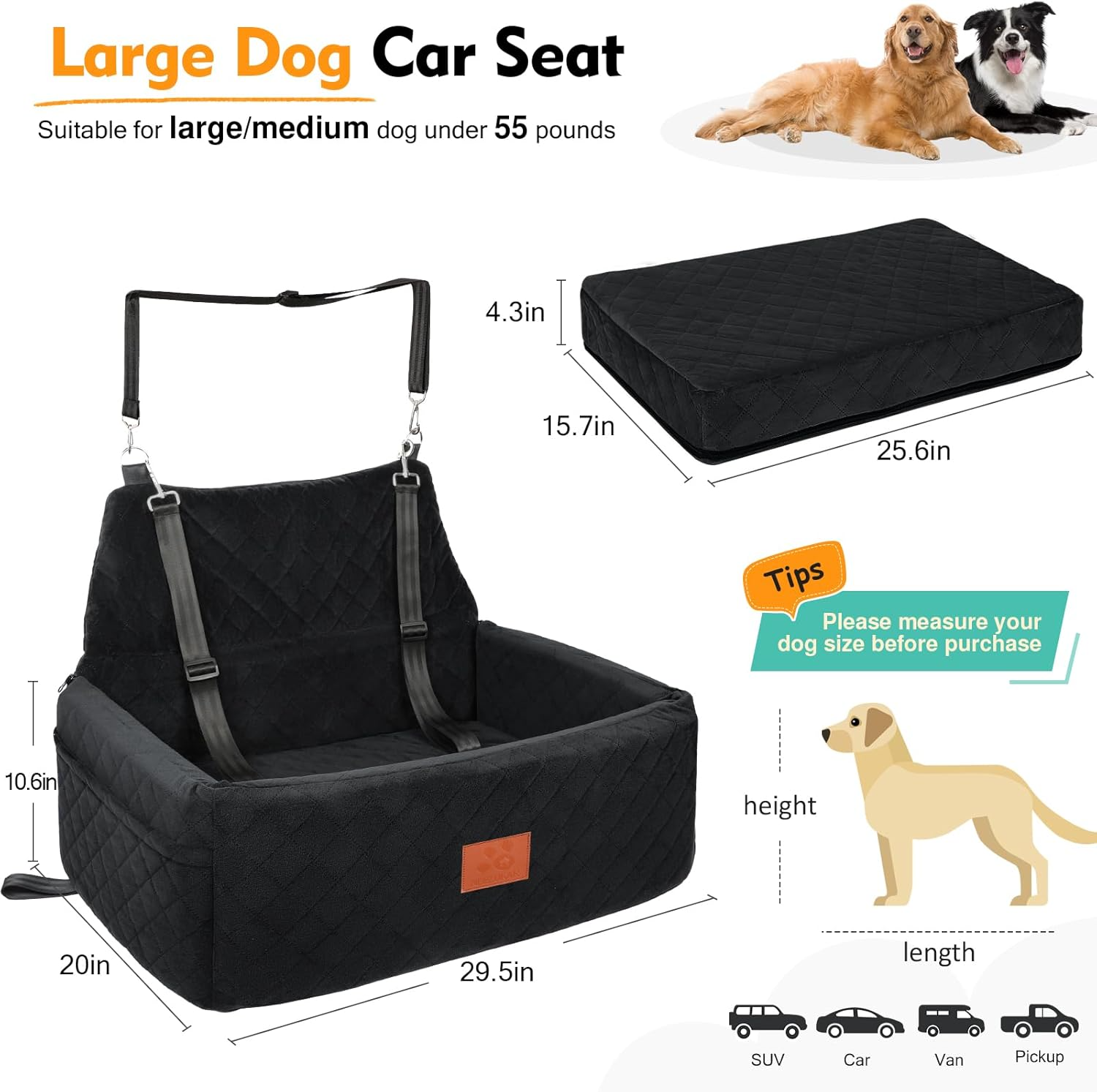 NEEZUKAR Large Dog Car Seat: Washable Booster Bed for Pets up to 55 lbs