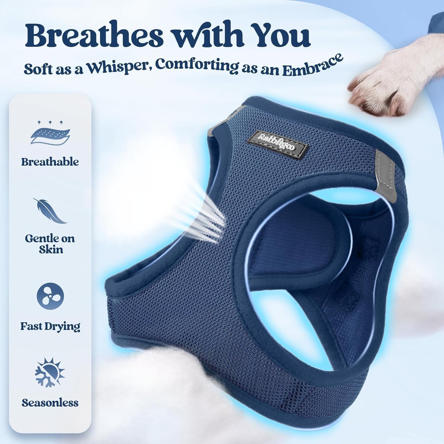 rabbitgoo Step-In Dog Harness and Leash Set: Reflective Mesh Puppy Vest (Navy Blue)