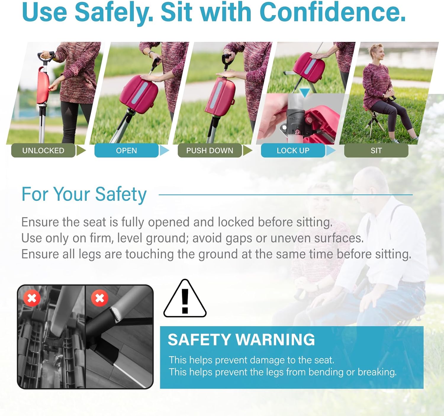 STEP2GOLD Ta-Da Chair Series 2: 2-in-1 Lightweight Hiking Stick & Folding Chair (Red - M Size)