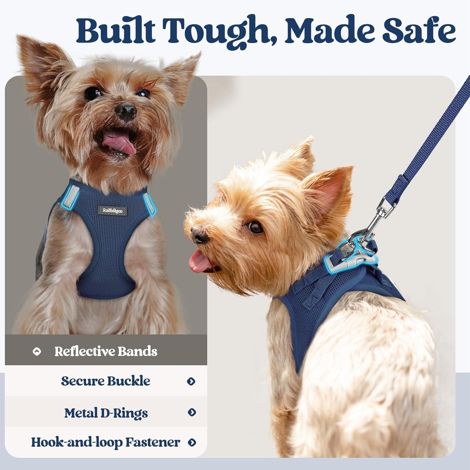 rabbitgoo Step-In Dog Harness and Leash Set: Reflective Mesh Puppy Vest (Navy Blue)