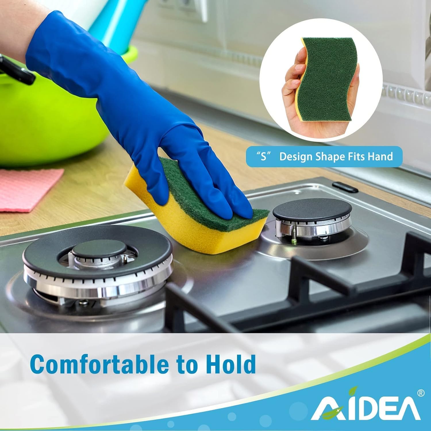AIDEA Heavy Duty Kitchen Scrub Sponges (50-Pack): Odor-Free Dual-Sided S-Shape Dish Scrubber Bundle