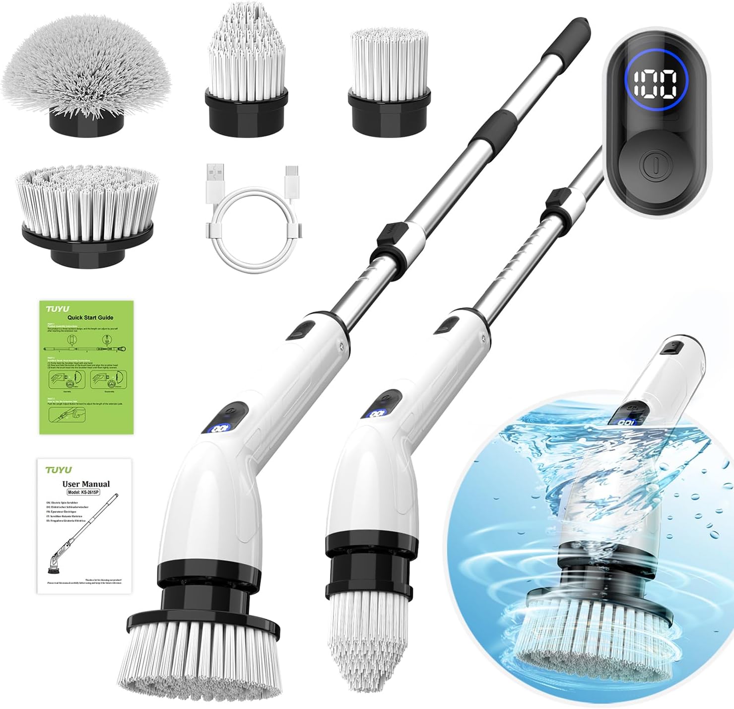 TUYU Electric Spin Scrubber: IPX7 Waterproof Cordless Bathroom & Shower Cleaner (Black)