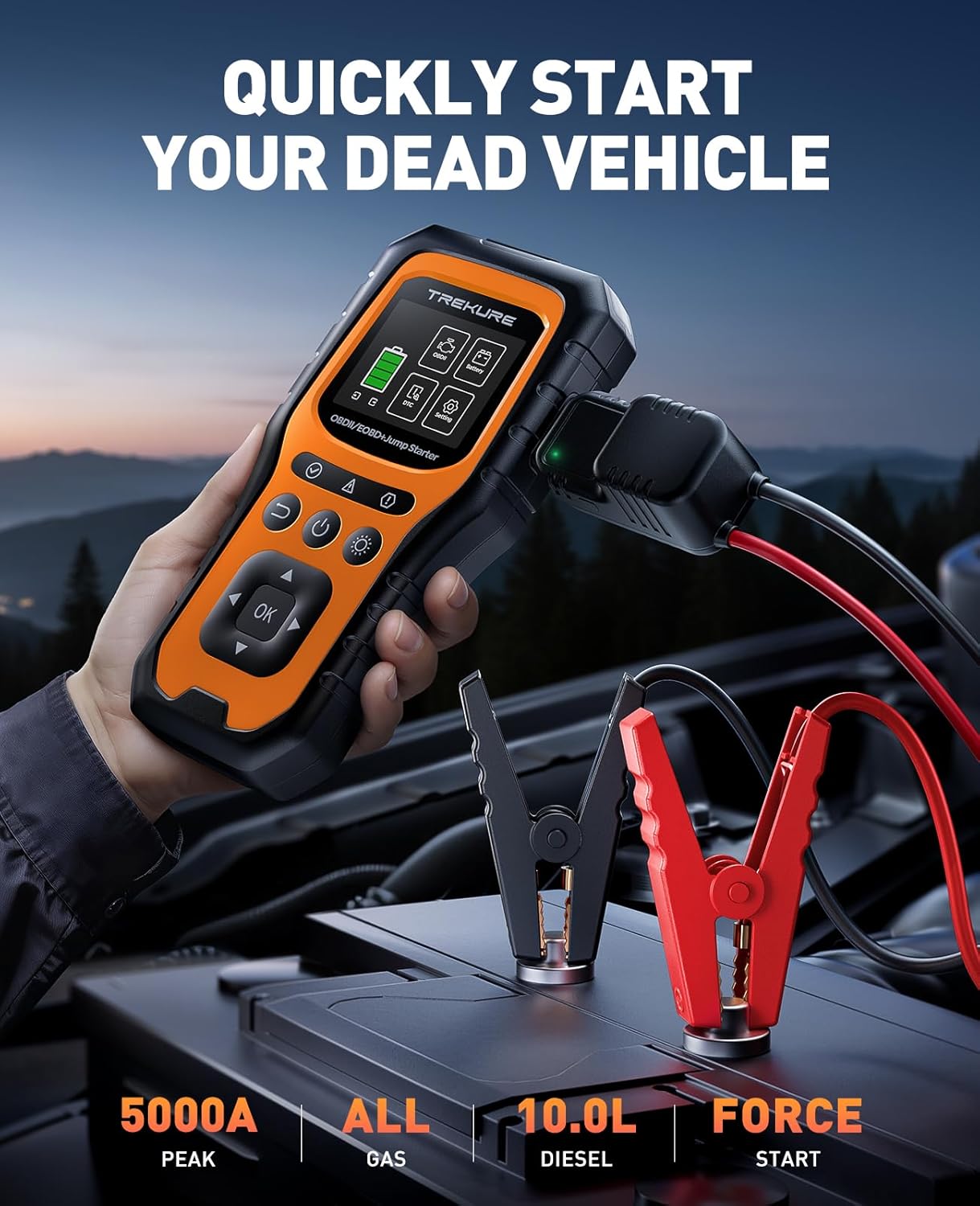 TREKURE 5000A 2-in-1 Car Jump Starter & OBD2 Scanner: Portable 12V Battery Booster & Diagnostic Tool