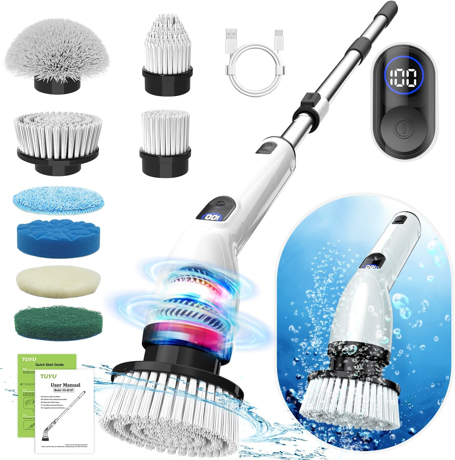 TUYU Electric Spin Scrubber: IPX7 Waterproof Cordless Shower Cleaner