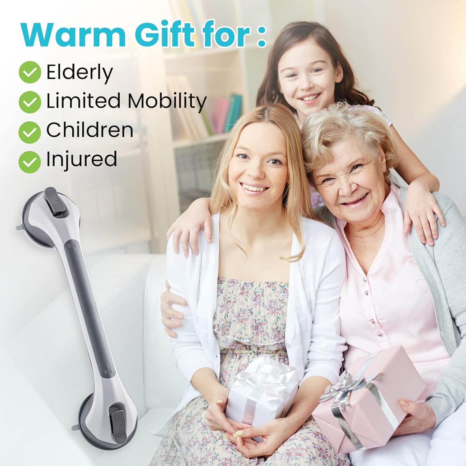 TAILI Suction Grab Bars: 2-Pack Heavy Duty Shower Handles (Grey)