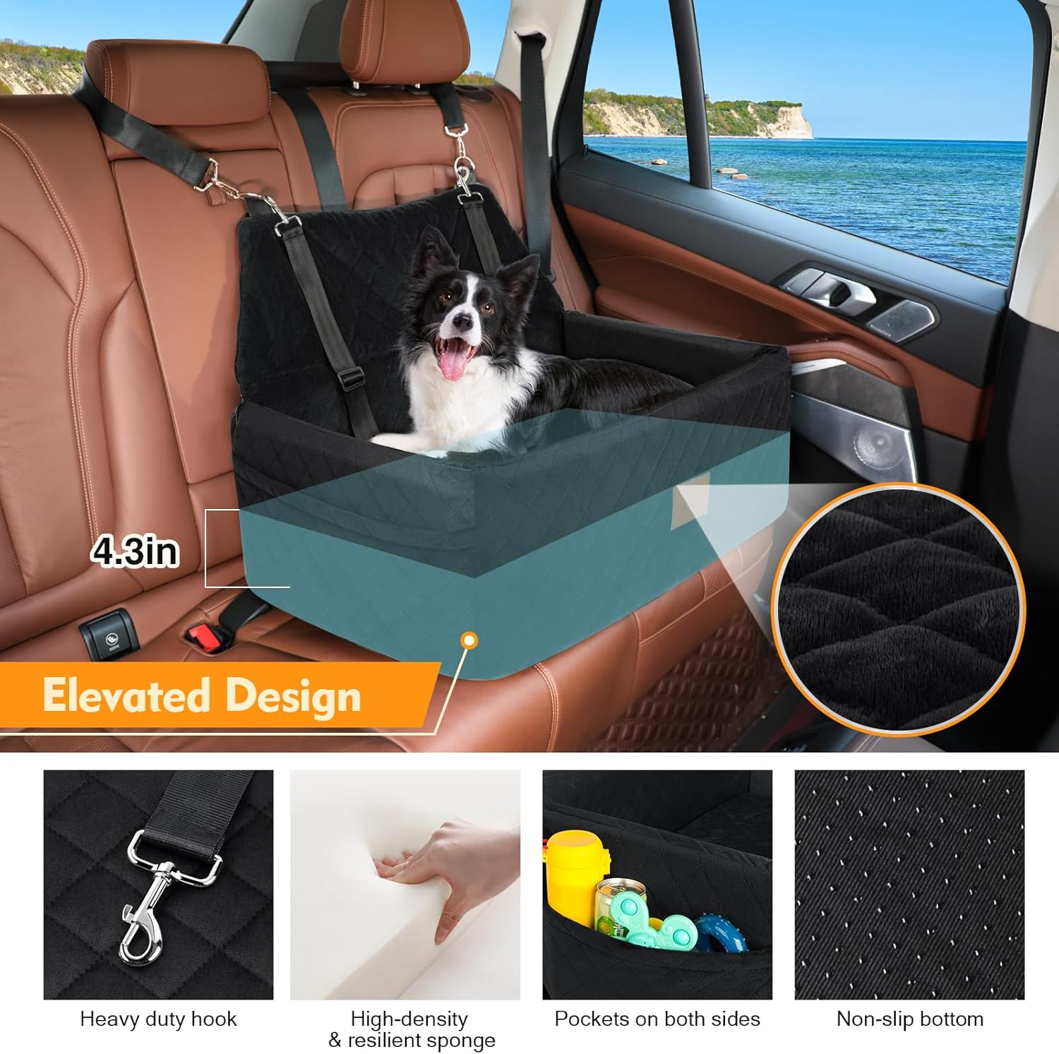 NEEZUKAR Large Dog Car Seat: Washable Booster Bed for Pets up to 55 lbs