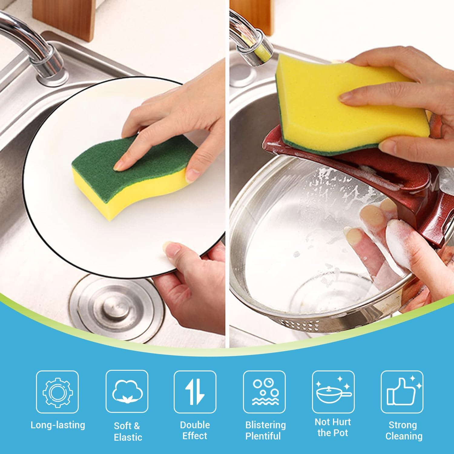 AIDEA Heavy Duty Kitchen Scrub Sponges (50-Pack): Odor-Free Dual-Sided S-Shape Dish Scrubber Bundle
