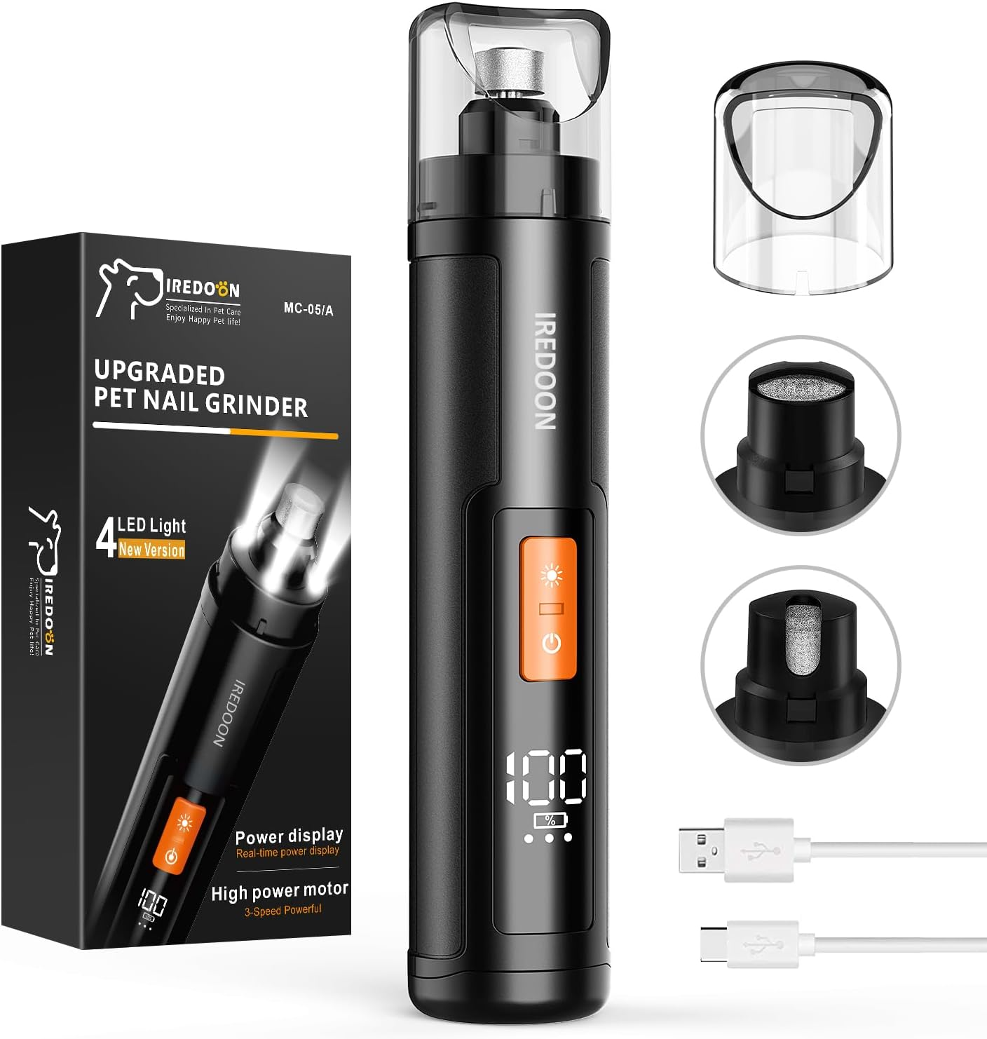 IREDOON Professional Dog Nail Grinder: 3-Speed Quiet Pet Grooming Tool (Black)