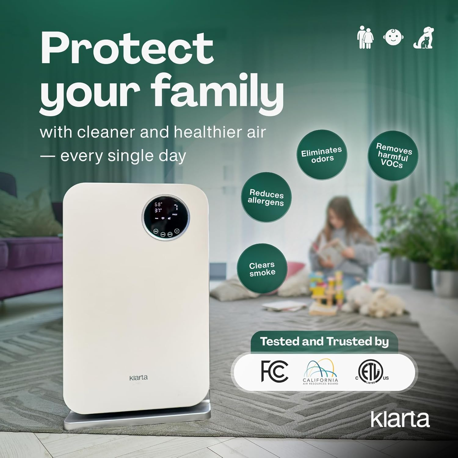 Klarta Forste Air Purifier: Smart WiFi Control & 1237 ft² HEPA Filtration (White)