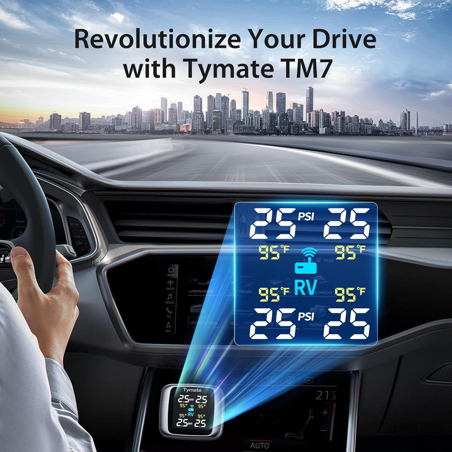 Tymate TM7 Tire Pressure Monitoring System: Wireless TPMS with 4 External Sensors (0-144 PSI)