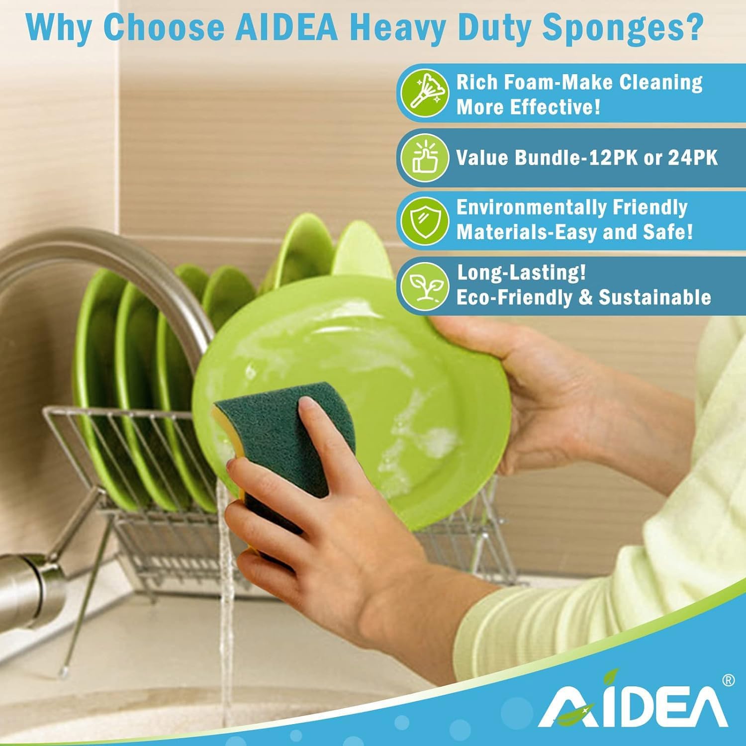 AIDEA Heavy Duty Kitchen Scrub Sponges (50-Pack): Odor-Free Dual-Sided S-Shape Dish Scrubber Bundle