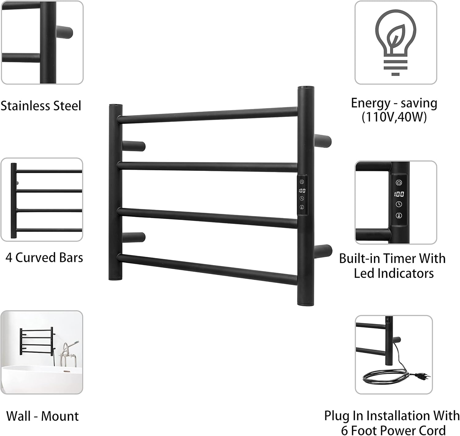 KEG Smart WiFi Electric Towel Warmer: Wall-Mounted Stainless Steel Rack (Matte Black)